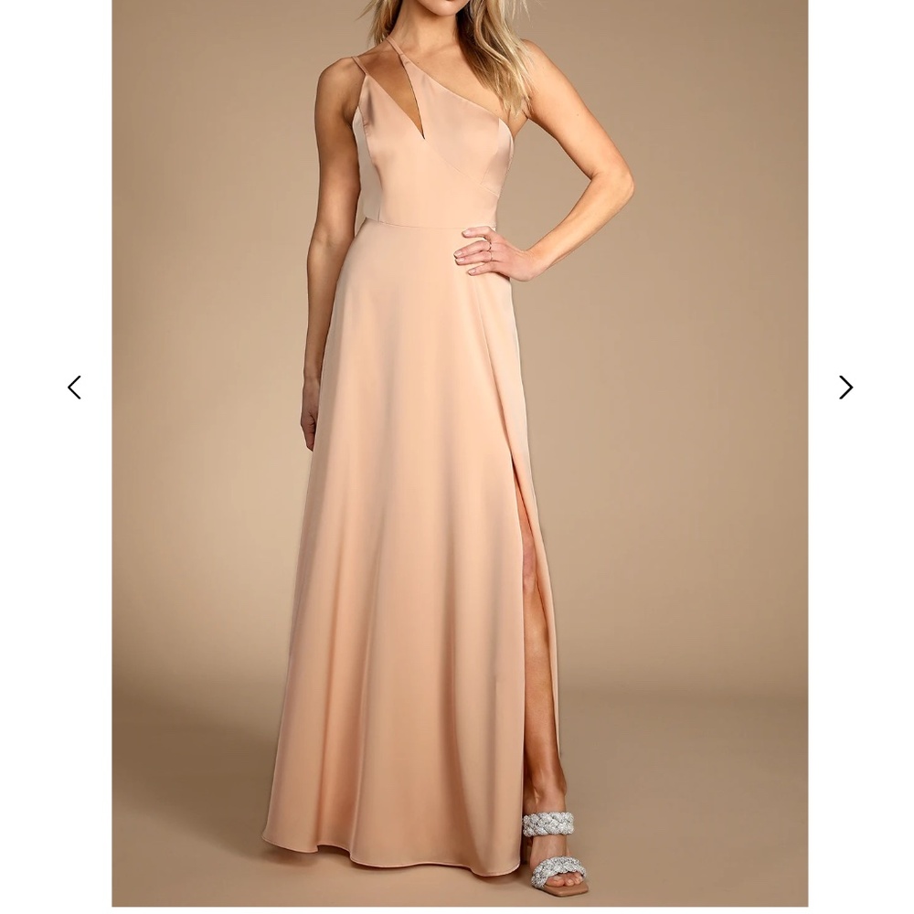 Lulus Steal My Heart Champagne Satin Asymmetrical Maxi Dress, Pink, Small
